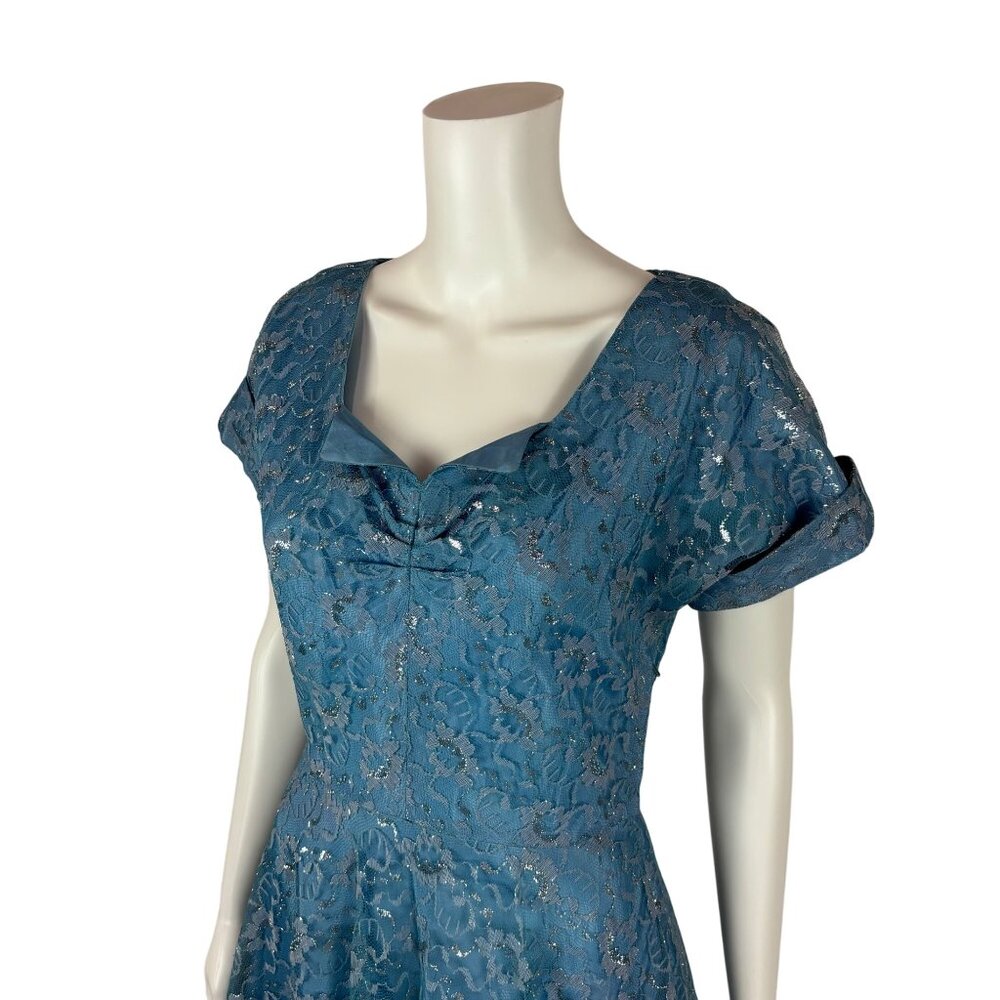 Vintage 50s Lace Dress Women's Small Blue Silver Cinderella Party Fit & Flare - Picture 5 of 11
